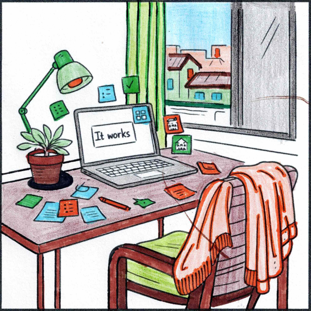 A hand-coloured illustration of a desk and laptop displaying the words “It works”