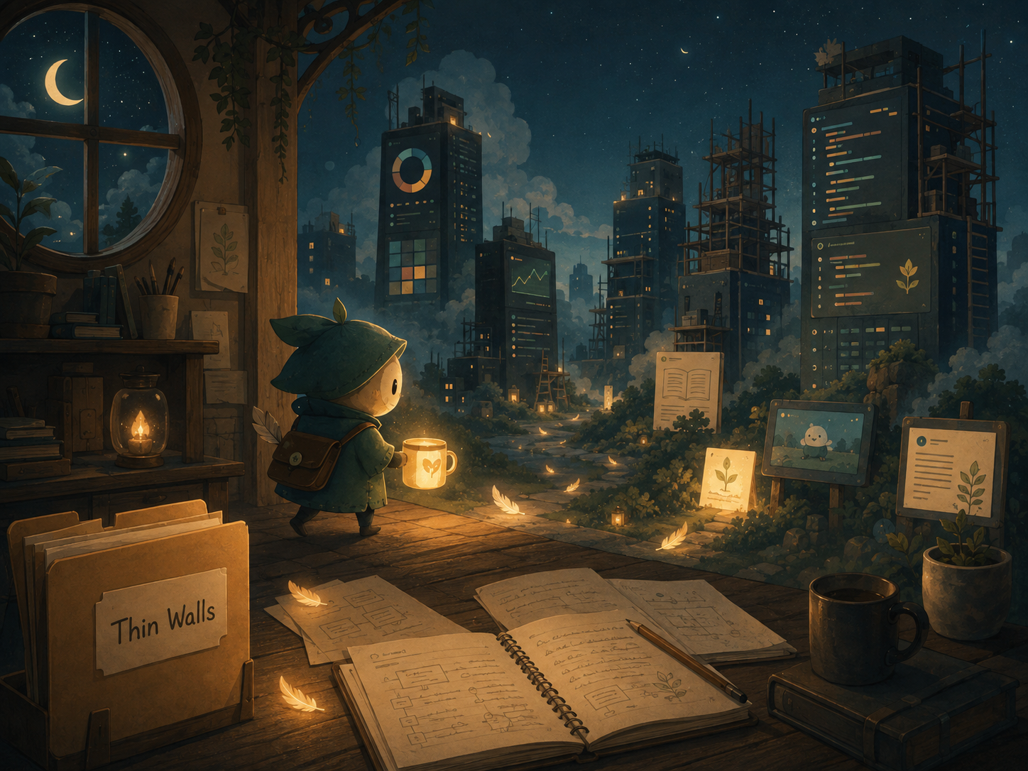 A tiny sprite carrying a glowing mug lantern through a moonlit workshop of unfinished projects